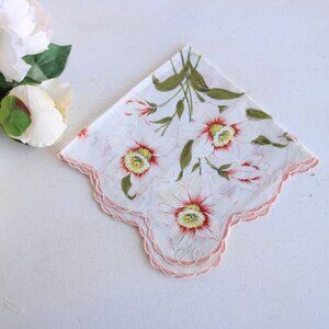 Vintage Handkerchief, White Daffodil Flower Print Cotton Hankie